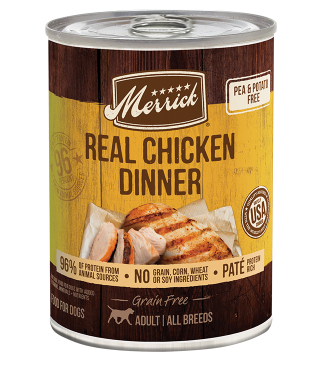 Merrick grain free chicken wet dog food in a can featuring real chicken dinner and no grain ingredients