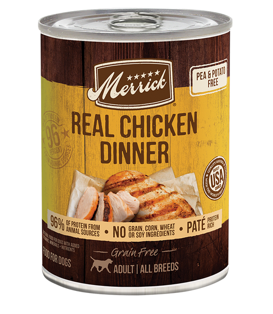 Merrick grain free chicken wet dog food in a can featuring real chicken dinner and no grain ingredients