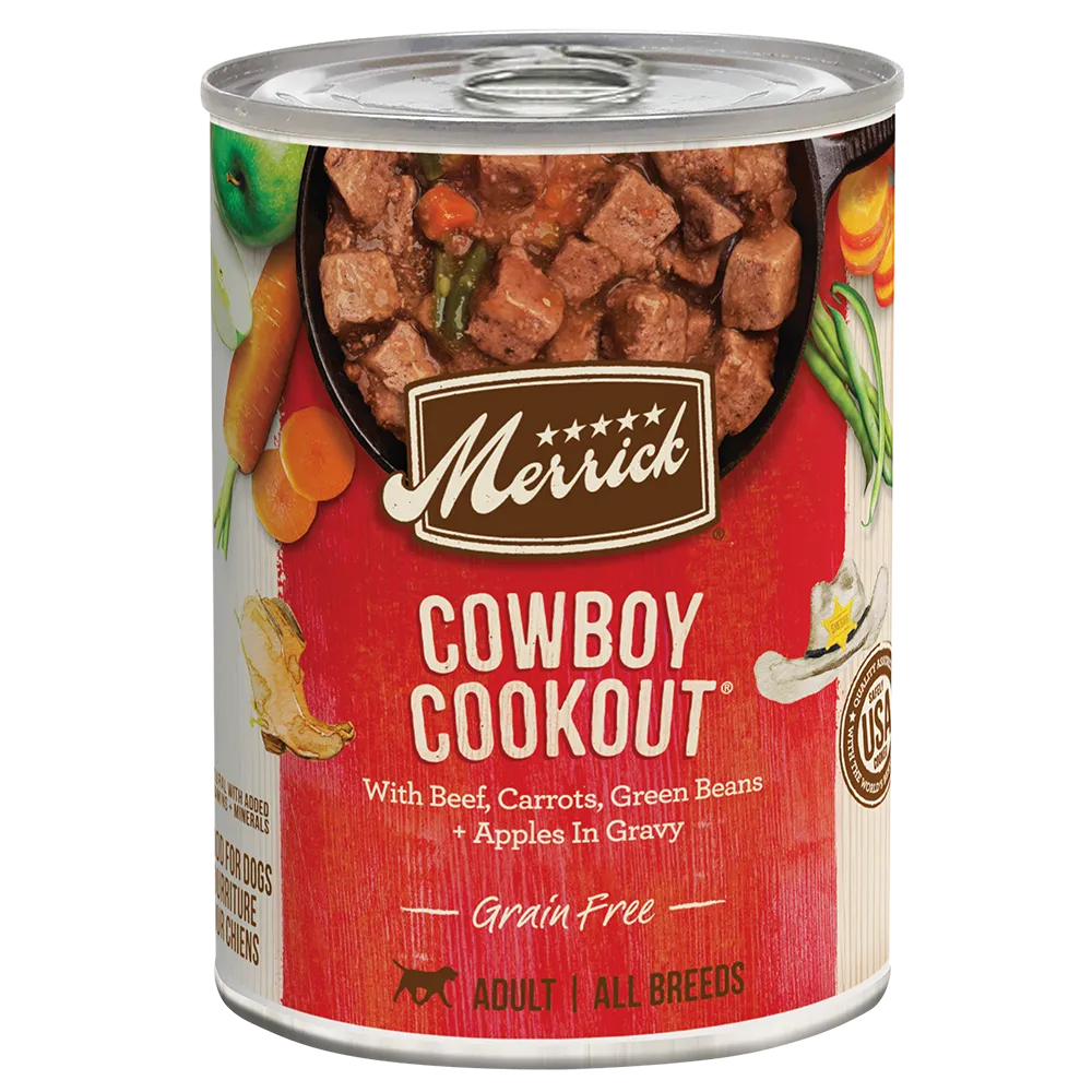 Merrick Grain Free Cowboy Cookout Wet Dog Food by The Family Pet, 12.7oz, featuring a savory beef and vegetable mix.