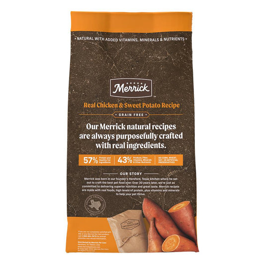 Merrick grain free dog food bag featuring real chicken and sweet potato recipe with natural ingredients