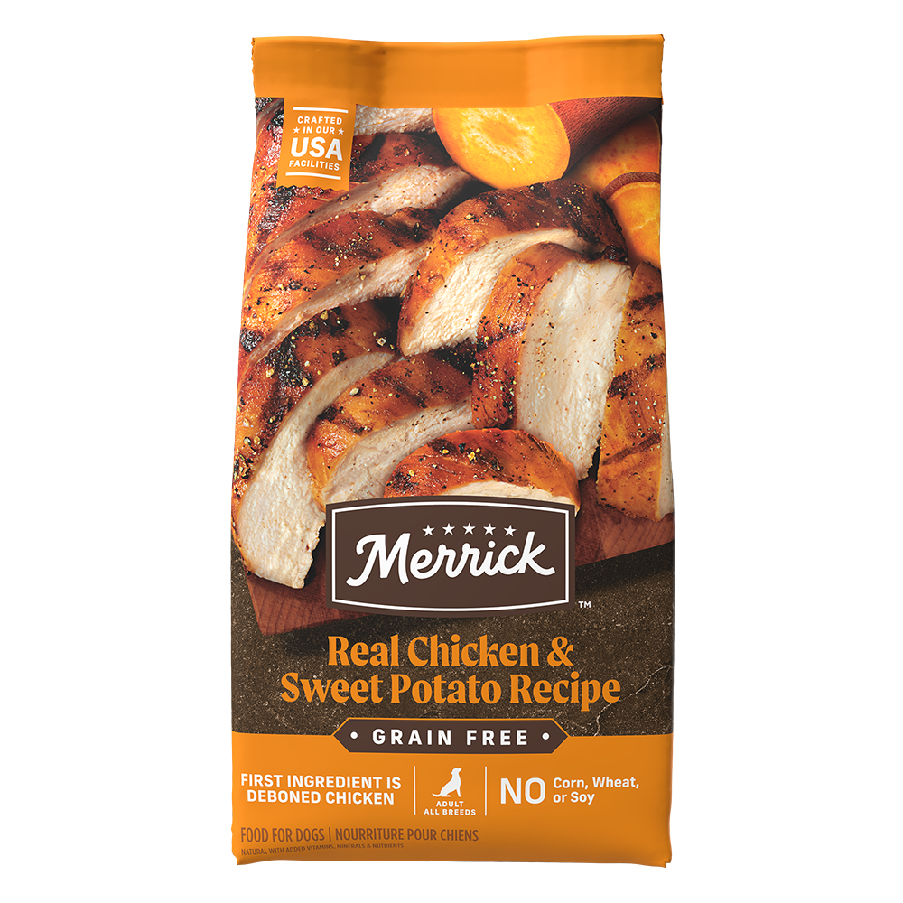 Merrick grain free dog food with real chicken and sweet potato recipe in a 24-pound bag