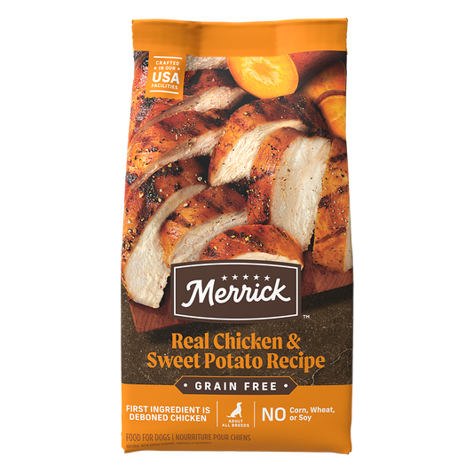 Merrick grain free dog food with real chicken and sweet potato recipe in a 24-pound bag