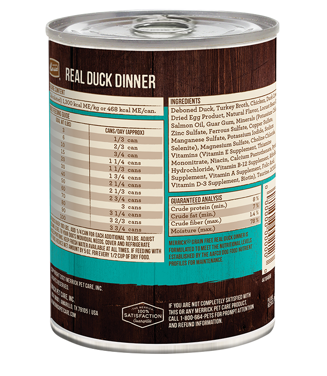 Merrick grain free duck dog food can with ingredients and guaranteed analysis information
