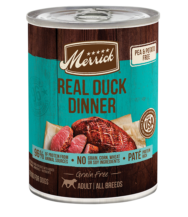 Merrick grain free duck dog food in a can featuring duck meat and a vibrant label design