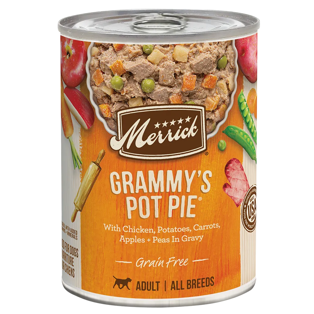 Merrick Grain Free Grammy Pot Pie Wet Dog Food in a 12.7oz can by Purrfect Pet Kingdom, perfect for your dog’s meal.