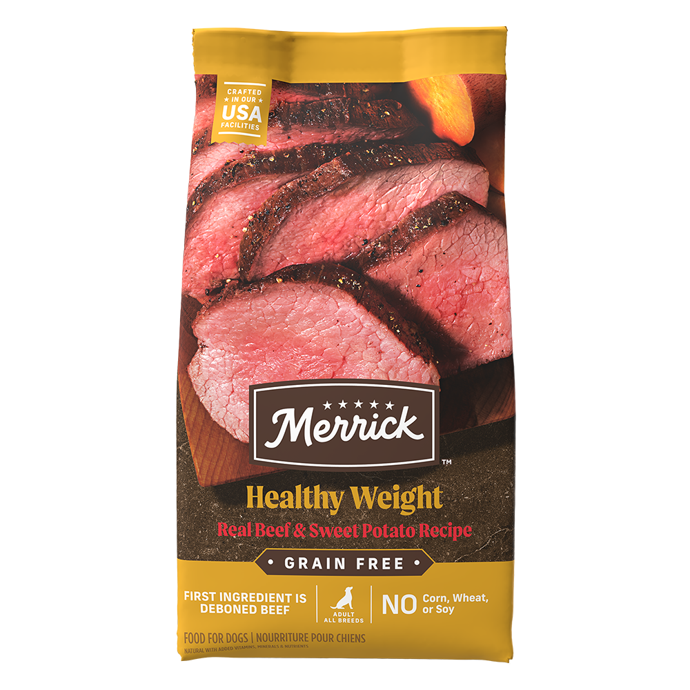 Merrick grain free healthy weight dog food with real beef and sweet potato recipe in a 25 lb bag