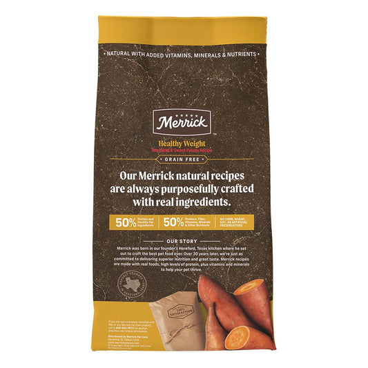 Merrick grain free healthy weight dog food bag with real ingredients and nutritional information