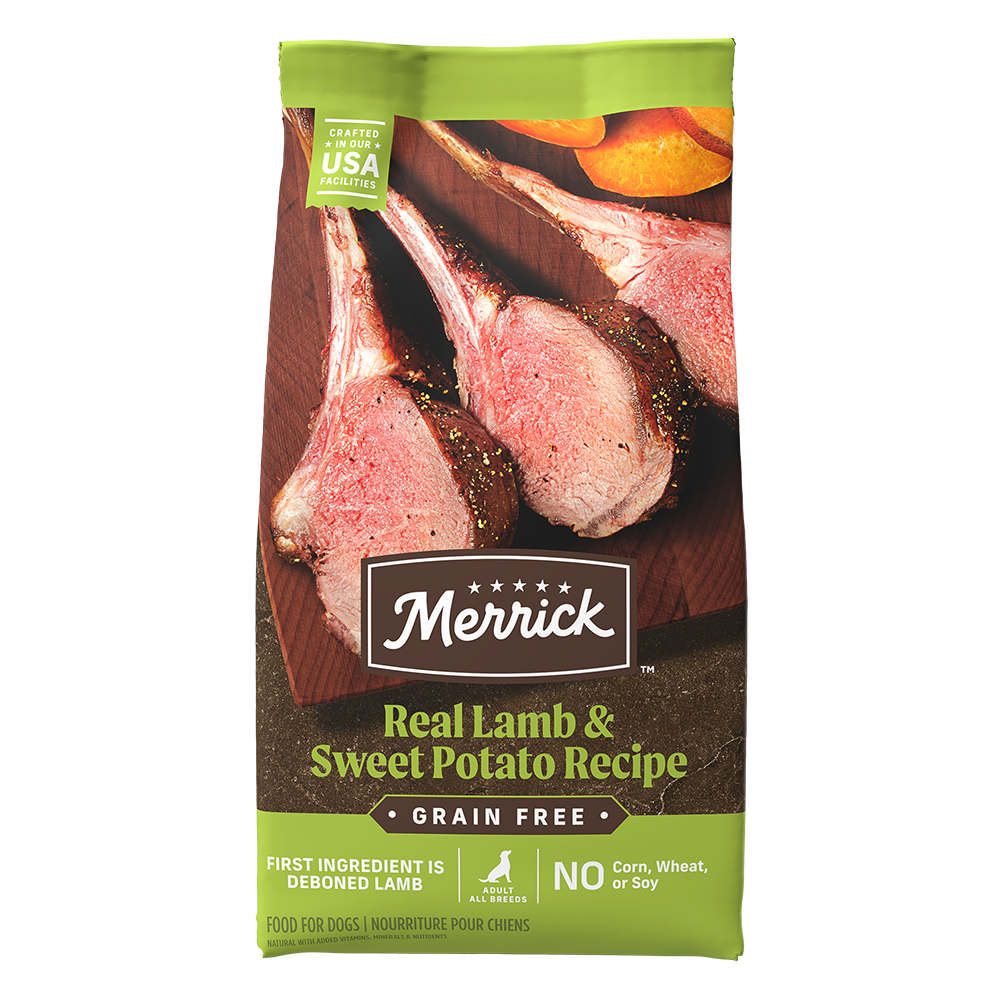 Merrick Grain Free Lamb Dog Food featuring real lamb and sweet potato recipe for healthy dogs