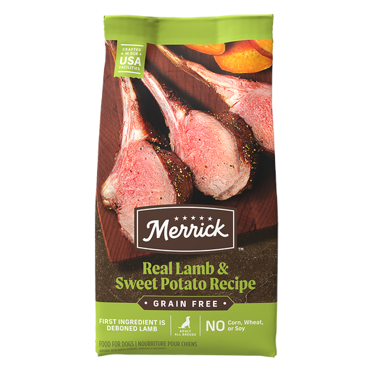 Merrick Grain Free Lamb Dog Food featuring real lamb and sweet potato recipe for healthy dogs