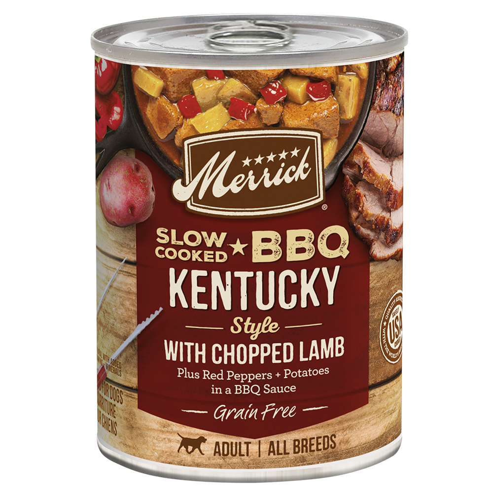Merrick grain free lamb wet dog food in a can featuring BBQ Kentucky style with chopped lamb and vegetables