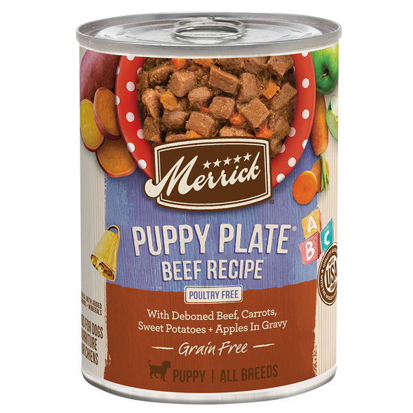 Merrick Puppy Plate Beef Recipe wet food in a can, grain free puppy wet food for all breeds