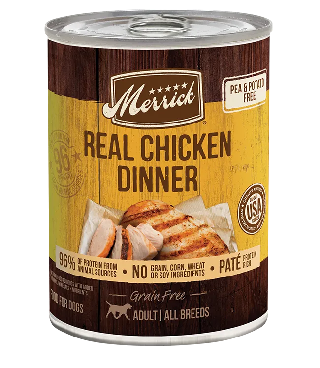 Merrick Grain Free Real Chicken Dinner Wet Dog Food by Purrfect Pet Kingdom, 12.7oz can, ideal for dogs, grain-free formula.