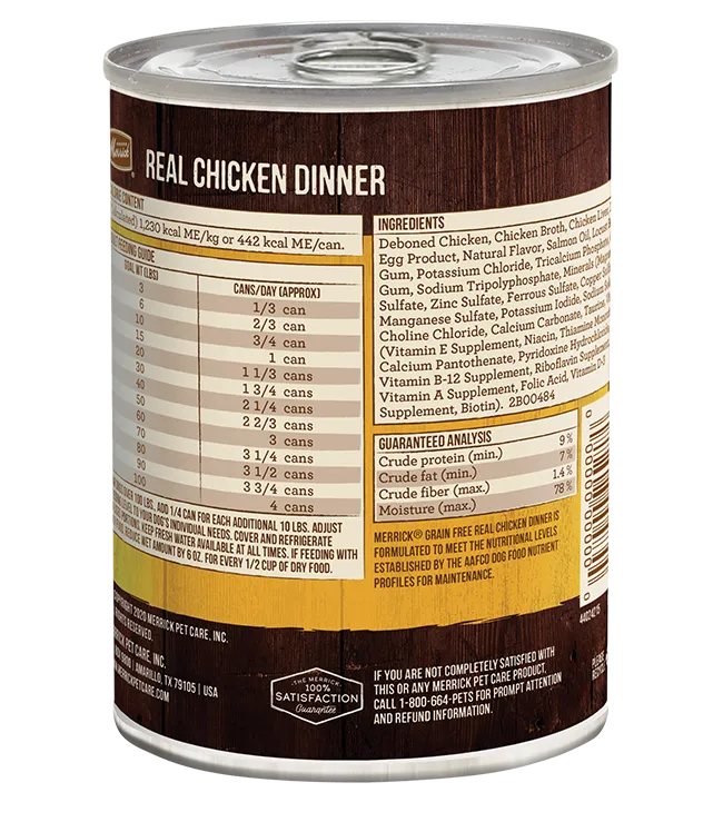 Merrick Grain Free Real Chicken Dinner Wet Dog Food by Purrfect Pet Kingdom, 12.7oz, perfect for dogs, in a vibrant packag...