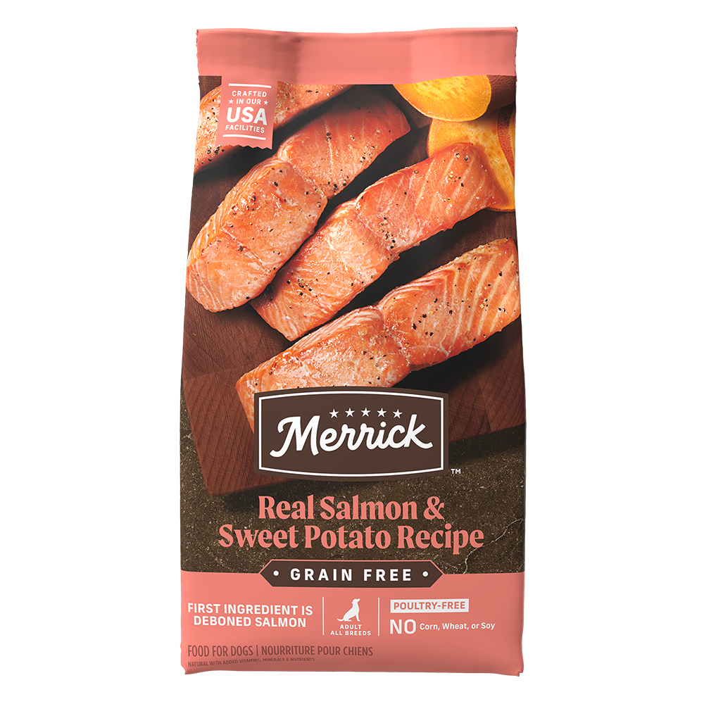 Merrick grain free salmon dog food with real salmon and sweet potato recipe in a 25-pound bag