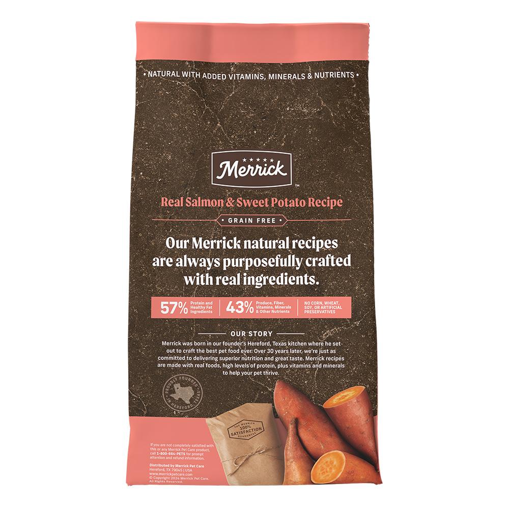 Merrick grain free salmon dog food bag featuring real salmon and sweet potato recipe with nutritional information