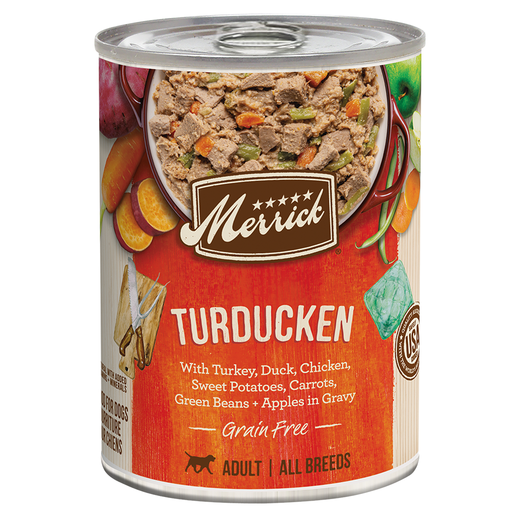 Merrick grain free turducken wet dog food in a can with turkey, duck, and chicken ingredients.