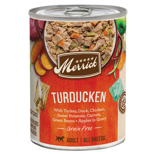 Merrick grain free turducken wet dog food in a can with turkey, duck, and chicken ingredients.