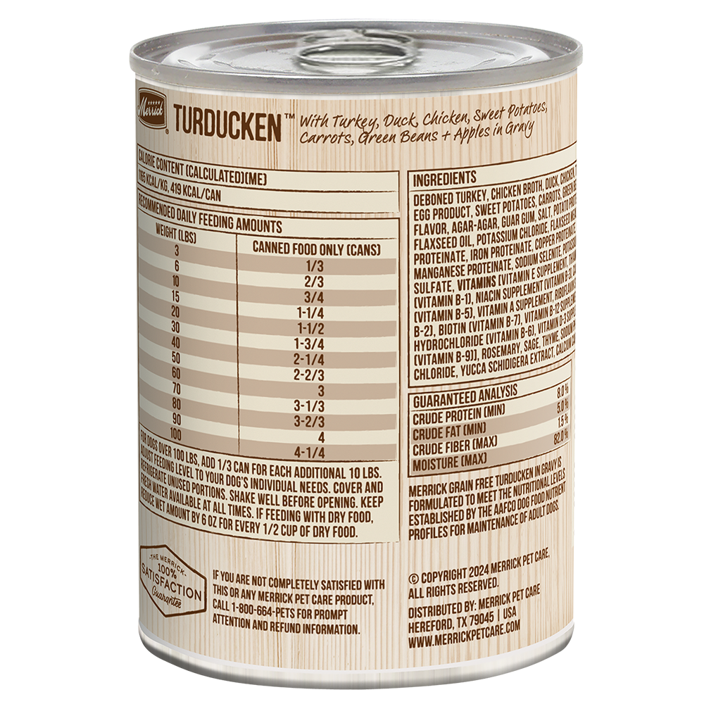 Merrick grain free turducken wet dog food can with ingredient details and feeding guidelines