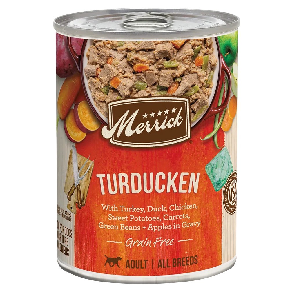 Merrick Grain Free Turducken Wet Dog Food in a 12.7oz can by Purrfect Pet Kingdom, perfect for dogs, featuring a savory tu...