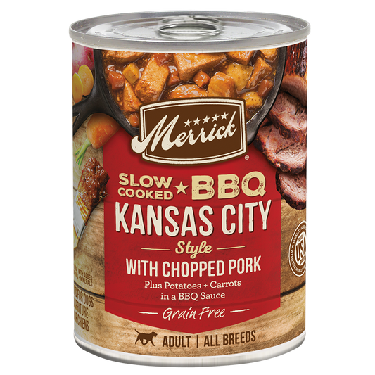 Merrick grain free wet dog food with chopped pork, potatoes, and carrots in BBQ sauce