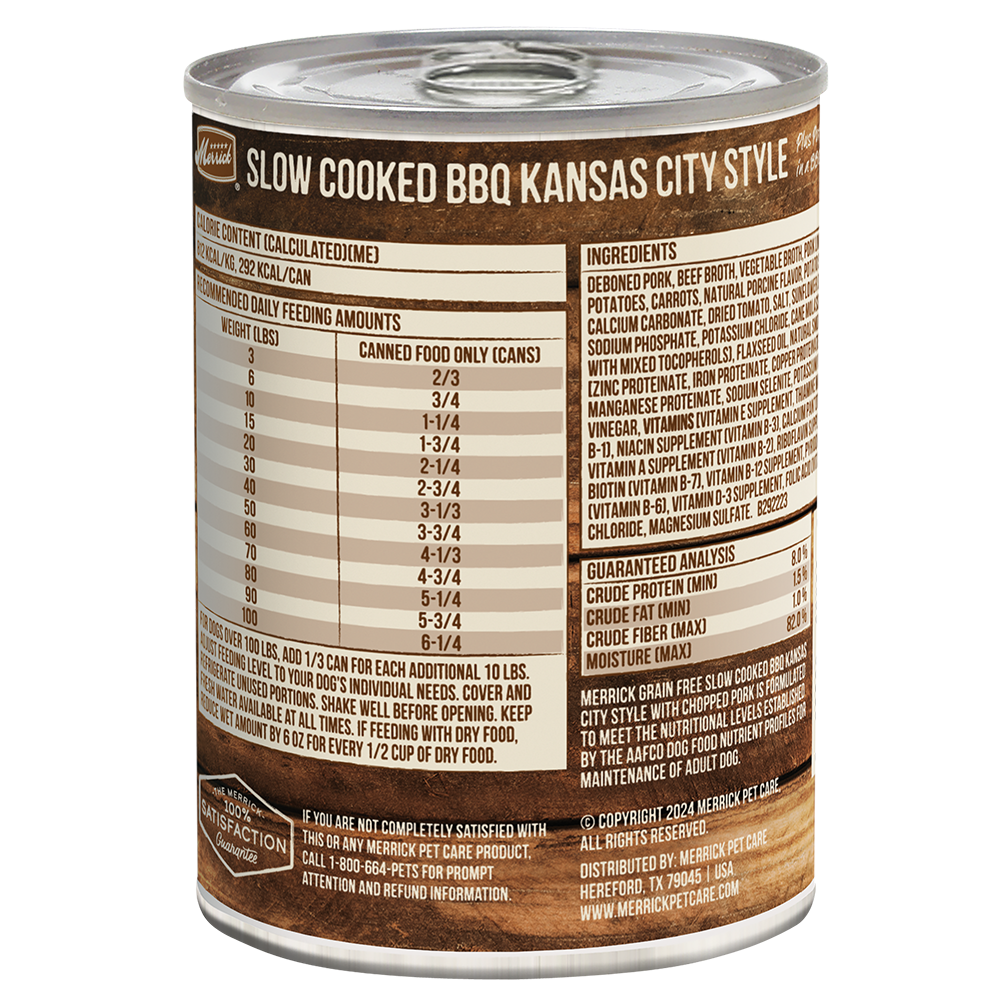Merrick grain free wet dog food in Slow Cooked BBQ Kansas City Style can with nutritional information on the label