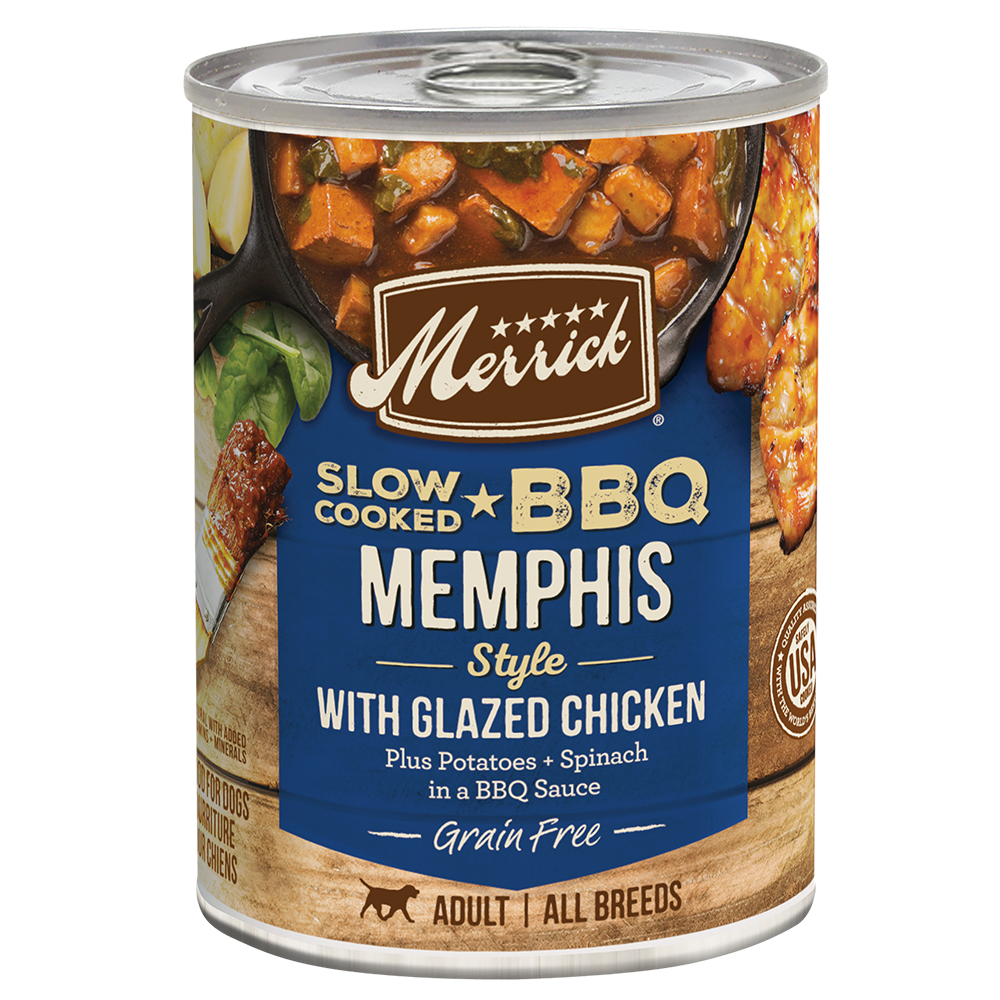 Merrick Slow Cooked Memphis BBQ Style Grain Free Wet Dog Food with Glazed Chicken, Potatoes, and Spinach