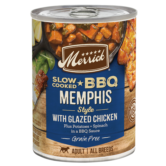 Merrick Slow Cooked Memphis BBQ Style Grain Free Wet Dog Food with Glazed Chicken, Potatoes, and Spinach