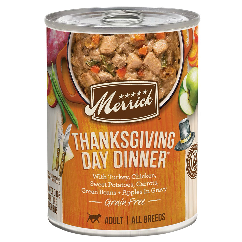 Merrick grain free wet dog food Thanksgiving Day Dinner with turkey, chicken, and vegetables in gravy