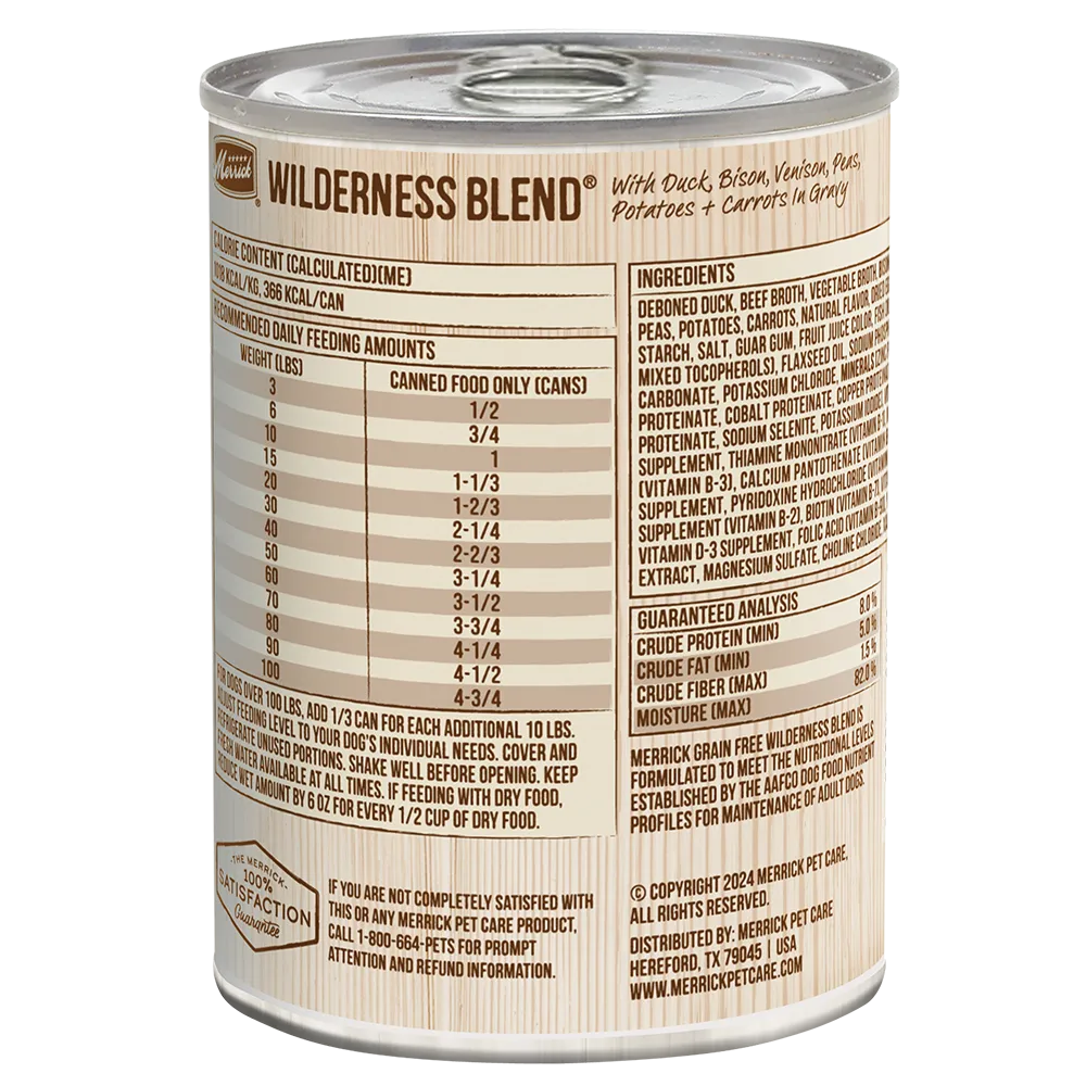 Merrick Grain Free Wilderness Blend Wet Dog Food by The Family Pet, 12.7oz, featuring a rich, savory blend for dogs.