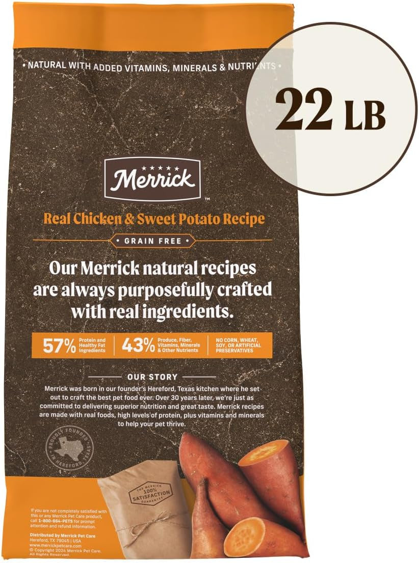Merrick 22 lb real chicken and sweet potato healthy dog food with real ingredients in grain-free formula
