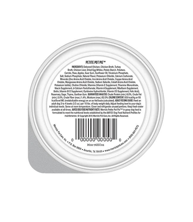 Merrick Lil' Plates Grain Free Petite Pot Pie Wet Dog Food by The Family Pet, 3.5oz, in a colorful can, perfect for dogs.