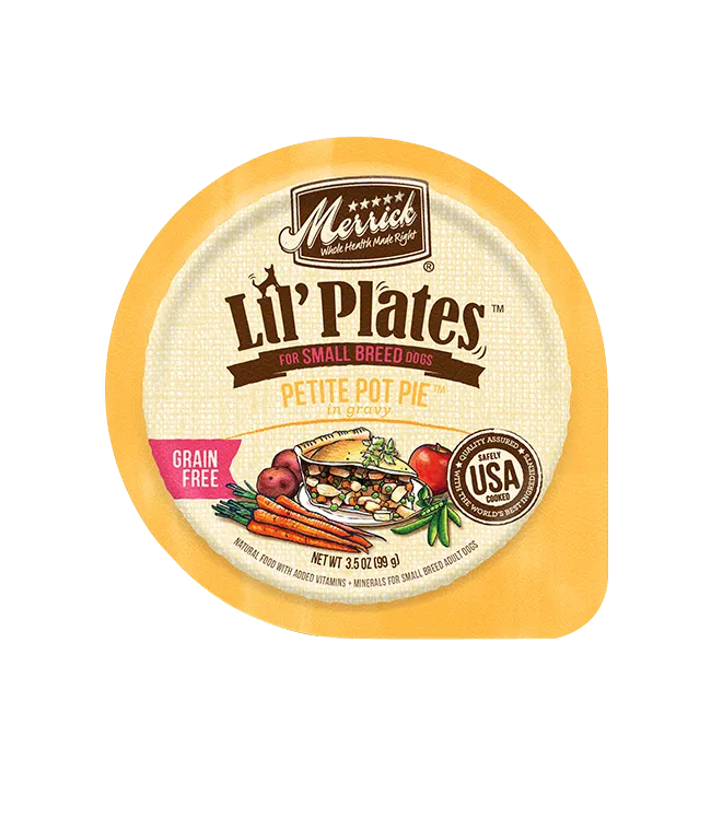 Merrick Lil' Plates Grain Free Petite Pot Pie Wet Dog Food by The Family Pet, 3.5oz can, ideal for small dogs.