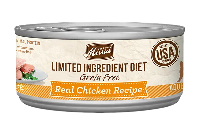 Merrick Limited Ingredient Diet Grain Free Chicken Wet Cat Food by The Family Pet, 5oz can, featuring a vibrant label with...
