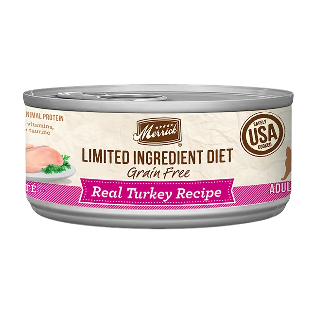 Merrick Limited Ingredient Diet Grain Free Turkey Wet Cat Food by The Family Pet, 5oz can, ideal for cats, showcasing a tu...