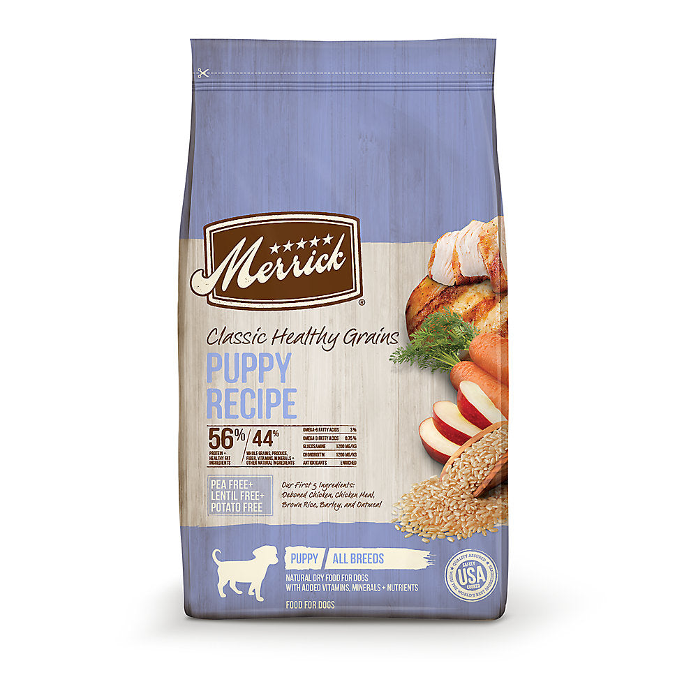 Merrick puppy food chicken and brown rice in a 25-pound bag with healthy grains for all breeds