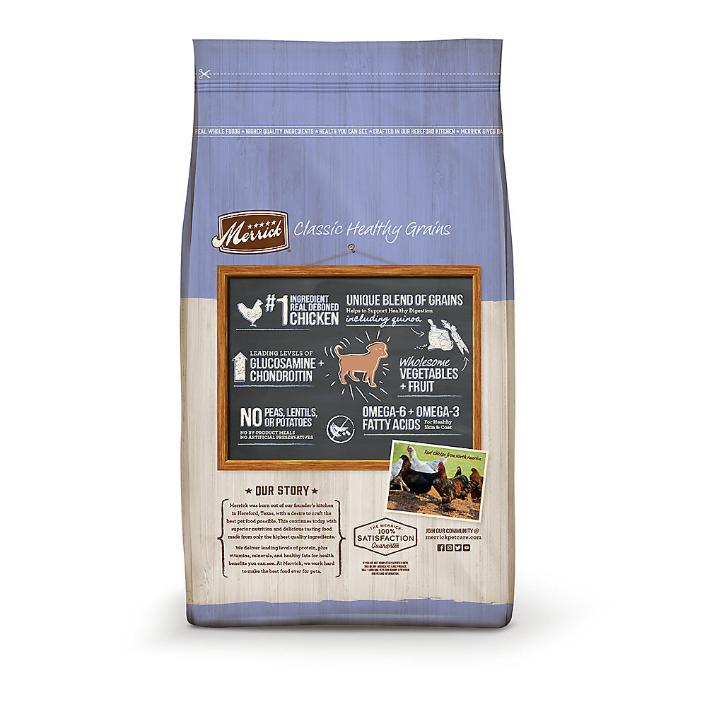 Merrick puppy food chicken and brown rice in a bag with healthy grain ingredients and nutritional benefits