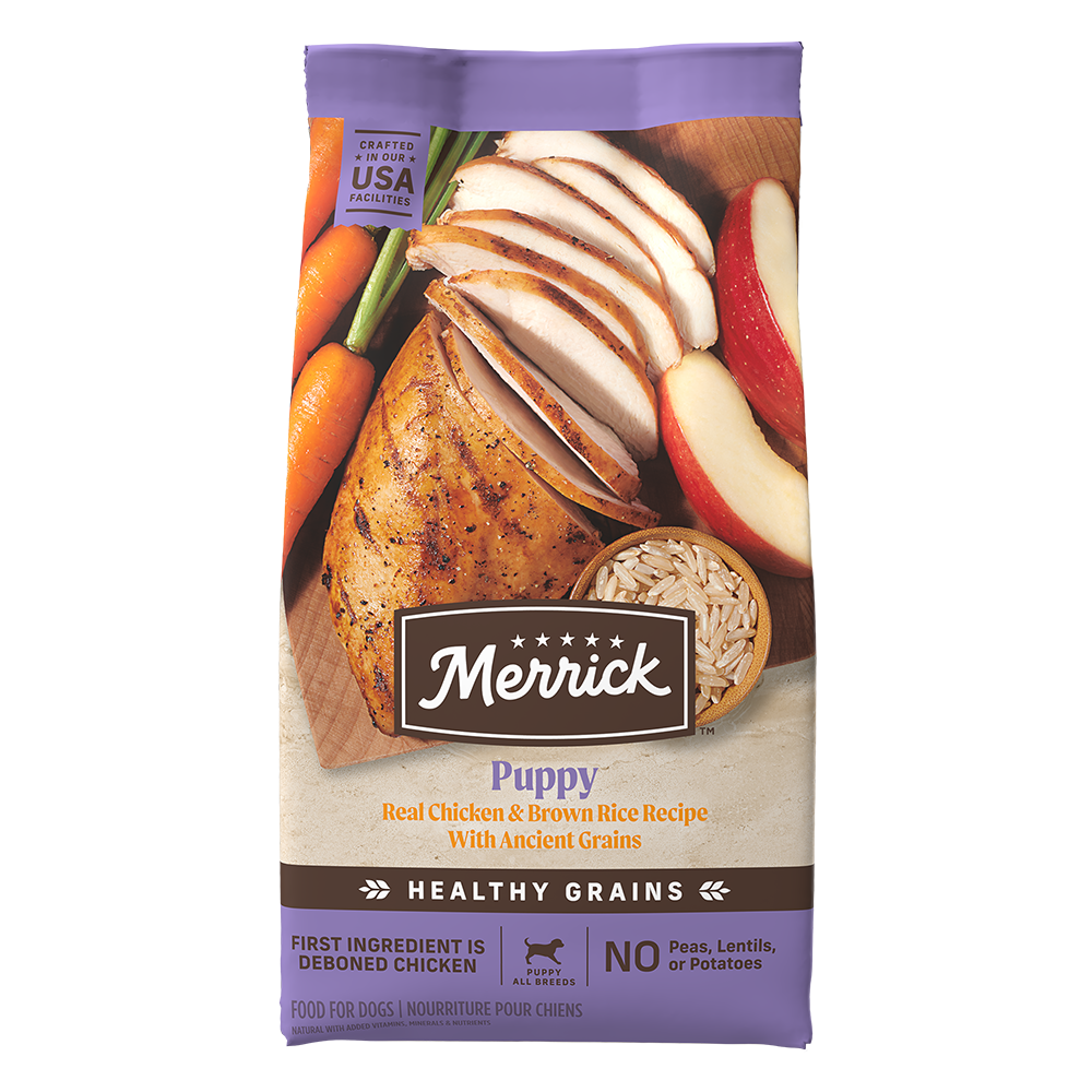 Merrick puppy food chicken and brown rice with real chicken and vegetables for healthy puppies