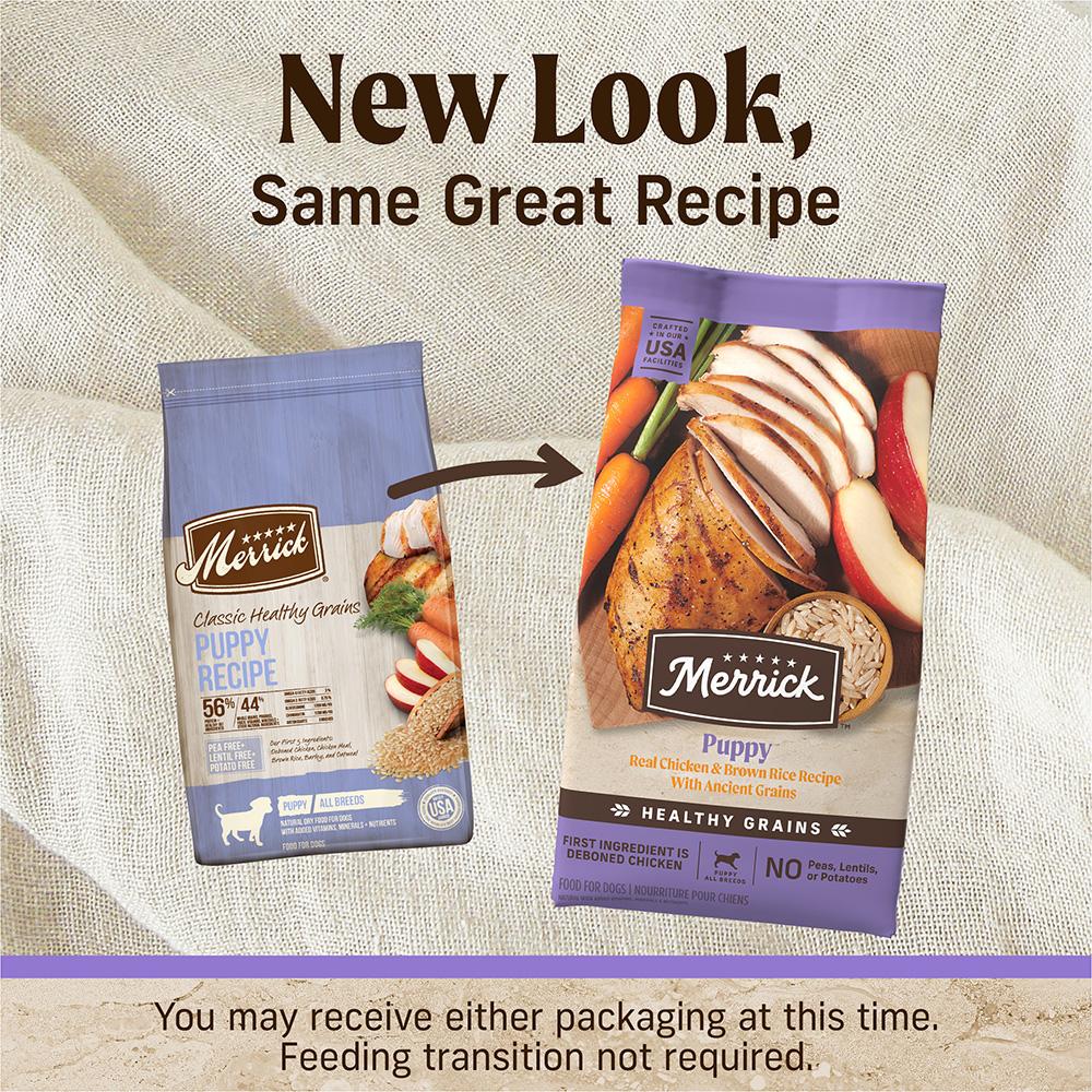Merrick puppy food chicken and brown rice in new and old packaging highlighting healthy grains