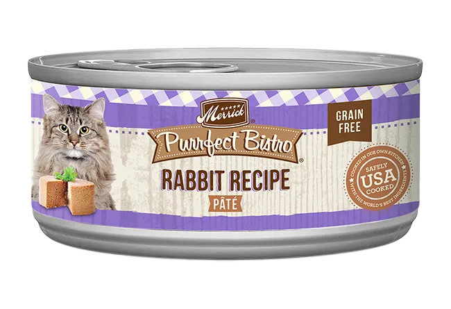 Merrick Purrfect Bistro Grain Free Adult Rabbit Pate Cat Food in a 5.5oz can by Purrfect Pet Kingdom, ideal for healthy cats.