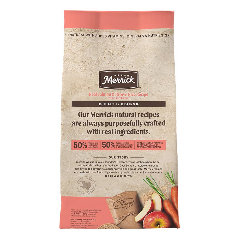 Merrick salmon and brown rice dog food bag with natural ingredients and healthy grains for dogs