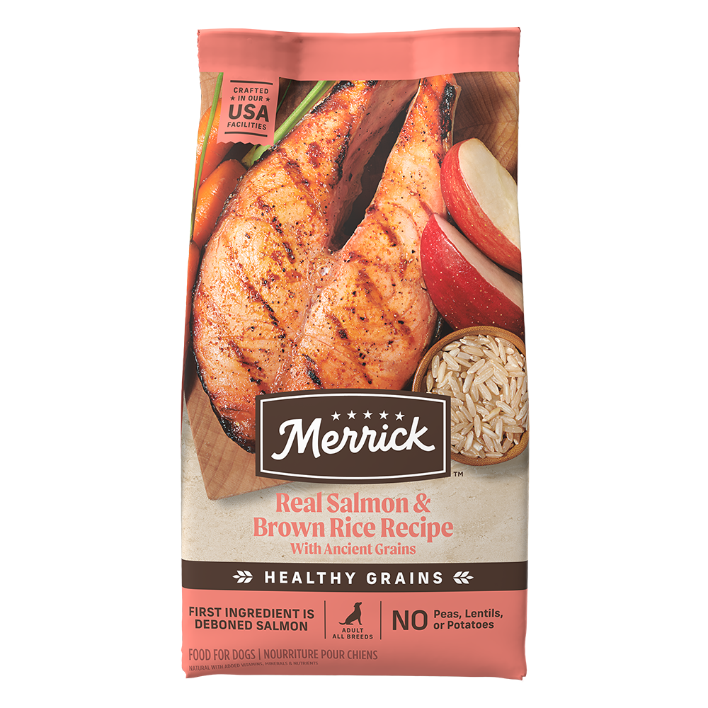 Merrick salmon and brown rice dog food bag featuring real salmon and healthy grains for dogs
