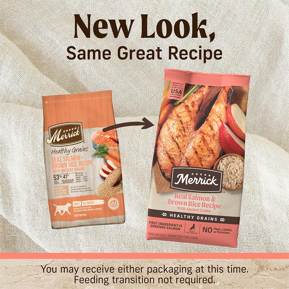 Merrick salmon and brown rice dog food featuring new packaging and original recipe for healthy dogs
