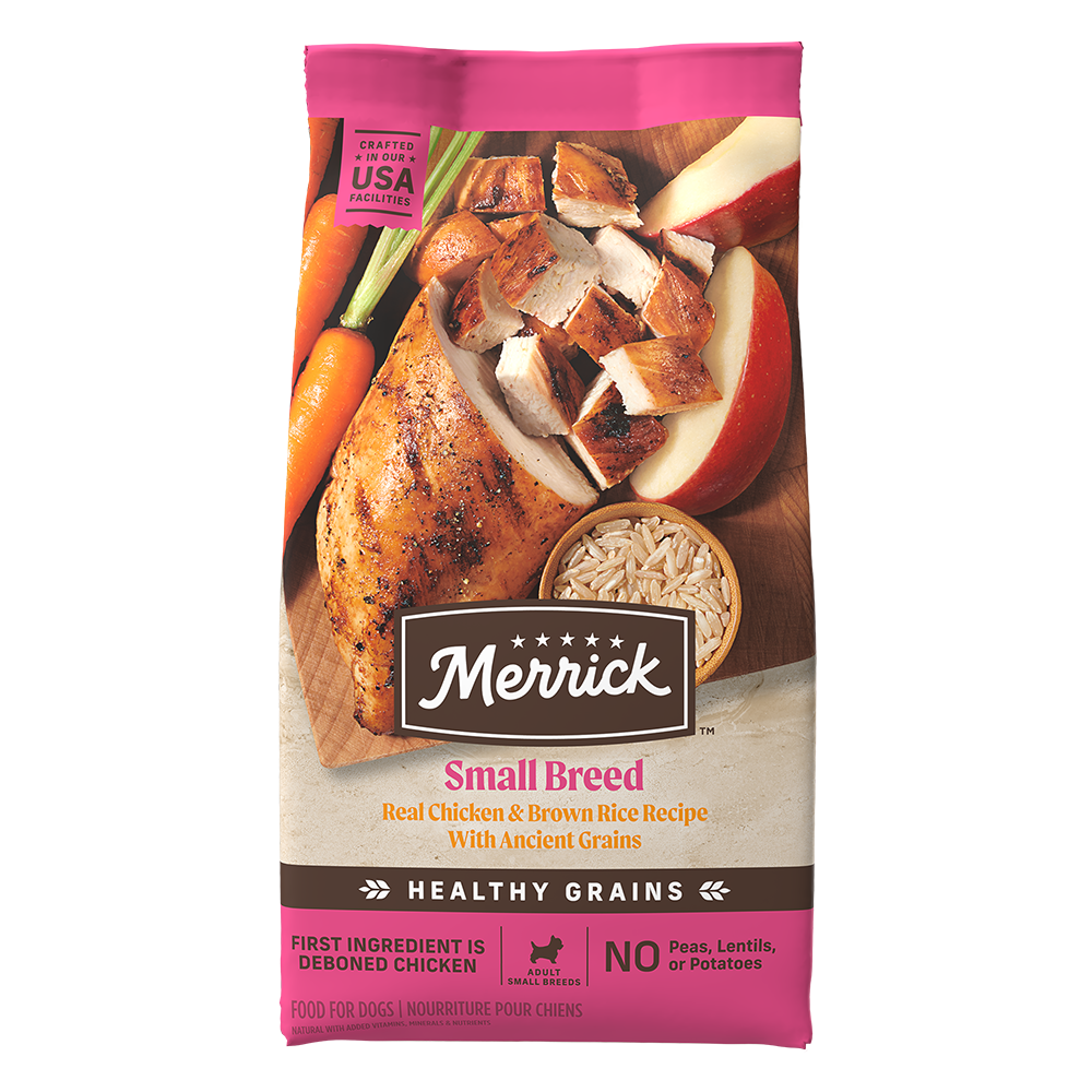Merrick Small Breed Chicken and Brown Rice Dog Food in a bag with whole ingredients displayed