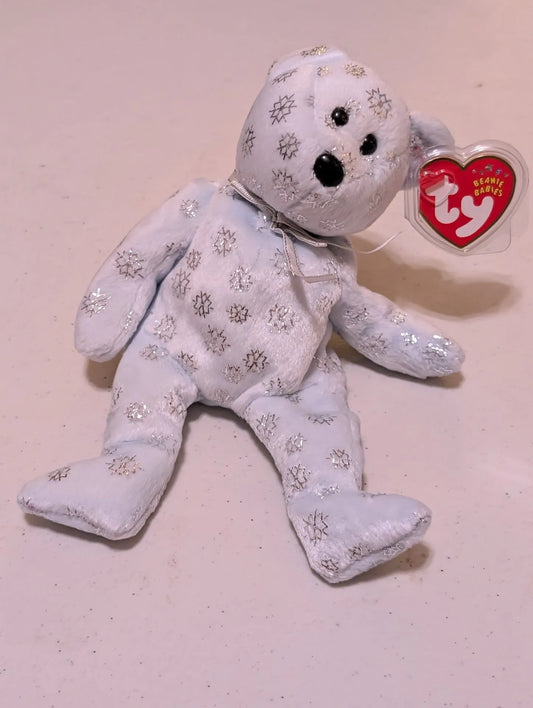 Merritt Island Curios - Snow-ette the Bear Ty Beanie Baby Light Blue Silver 2000 VTG