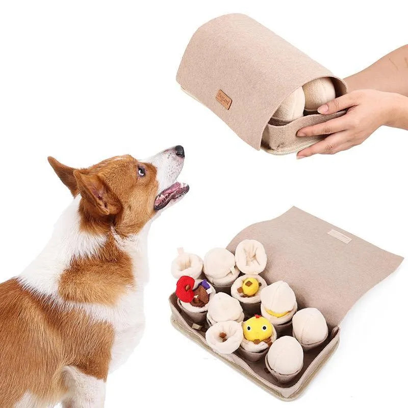 Milou & Lumi Egg Interactive Plush Toy by Purrfect Pet Kingdom, medium-sized, colorful squeaky toy for dog enrichment.