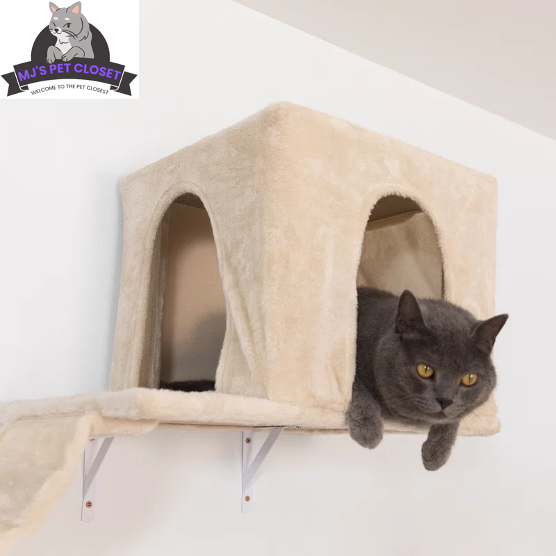 Cozy beige cat tower for modern cat wall playground, perfect for lounging and climbing