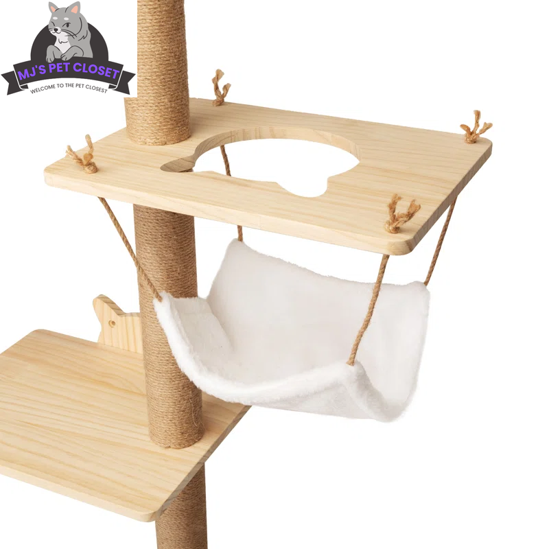 Modern cat wall playground with wooden shelves and a cozy hanging hammock for feline fun