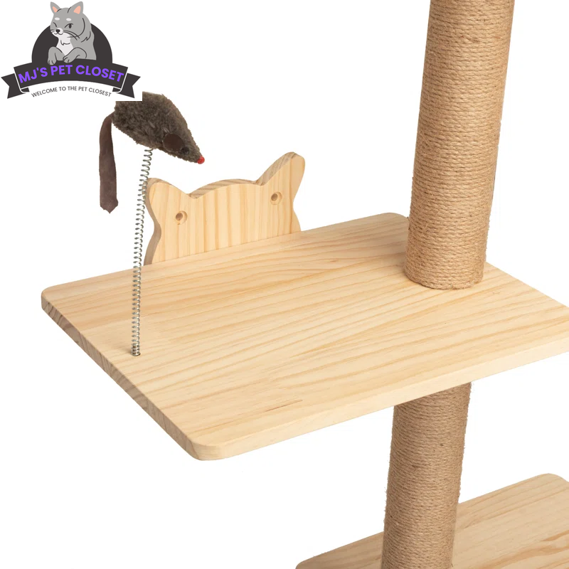Modern cat wall playground with wooden platforms and a playful mouse toy for active feline fun
