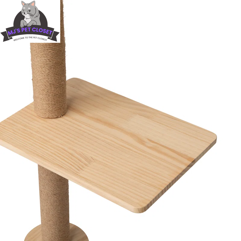 Stylish wooden cat tree with scratching post, ideal for a modern cat wall playground