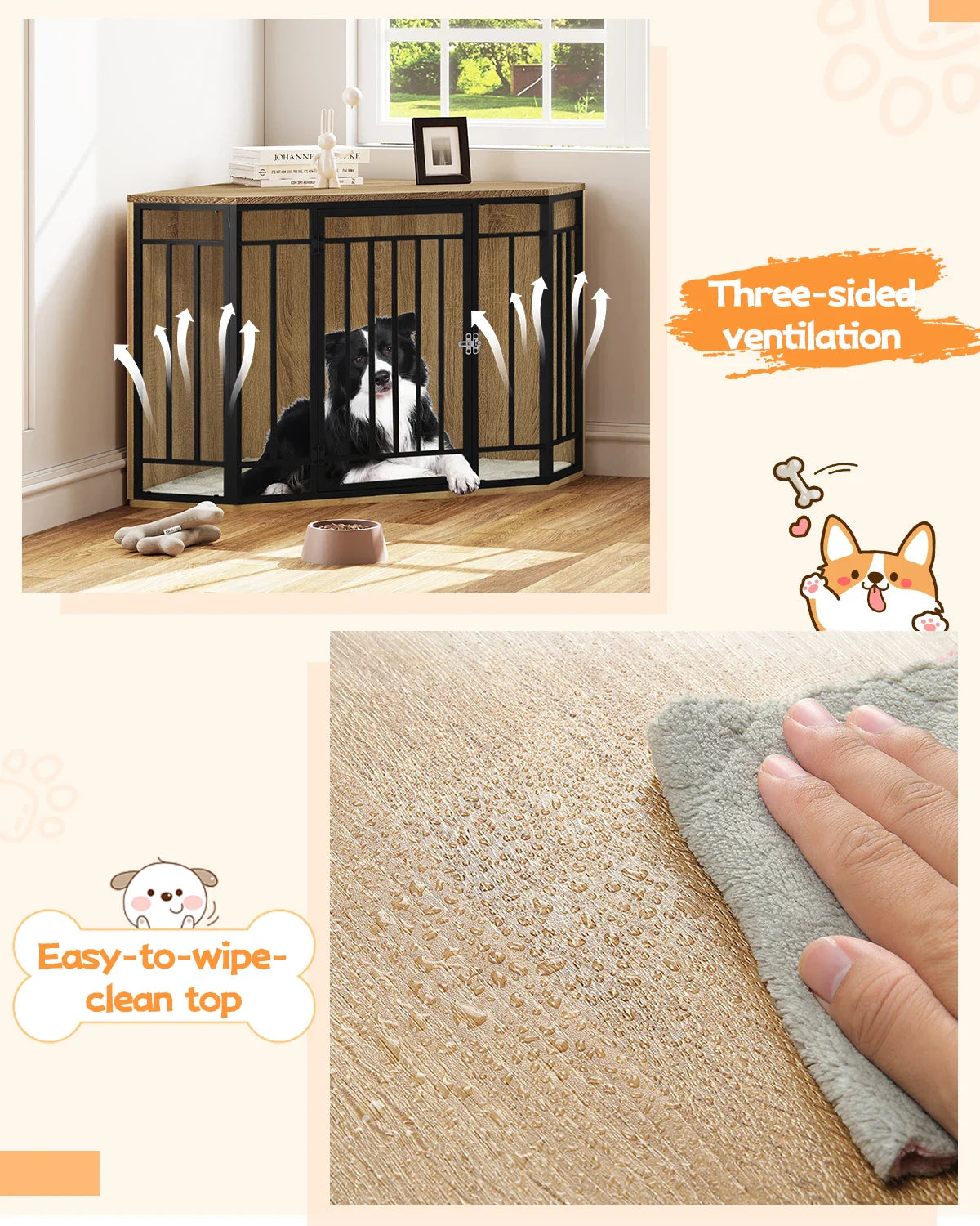 Tail Chasers modern dog crate for small spaces featuring easy-to-clean top and three-sided ventilation